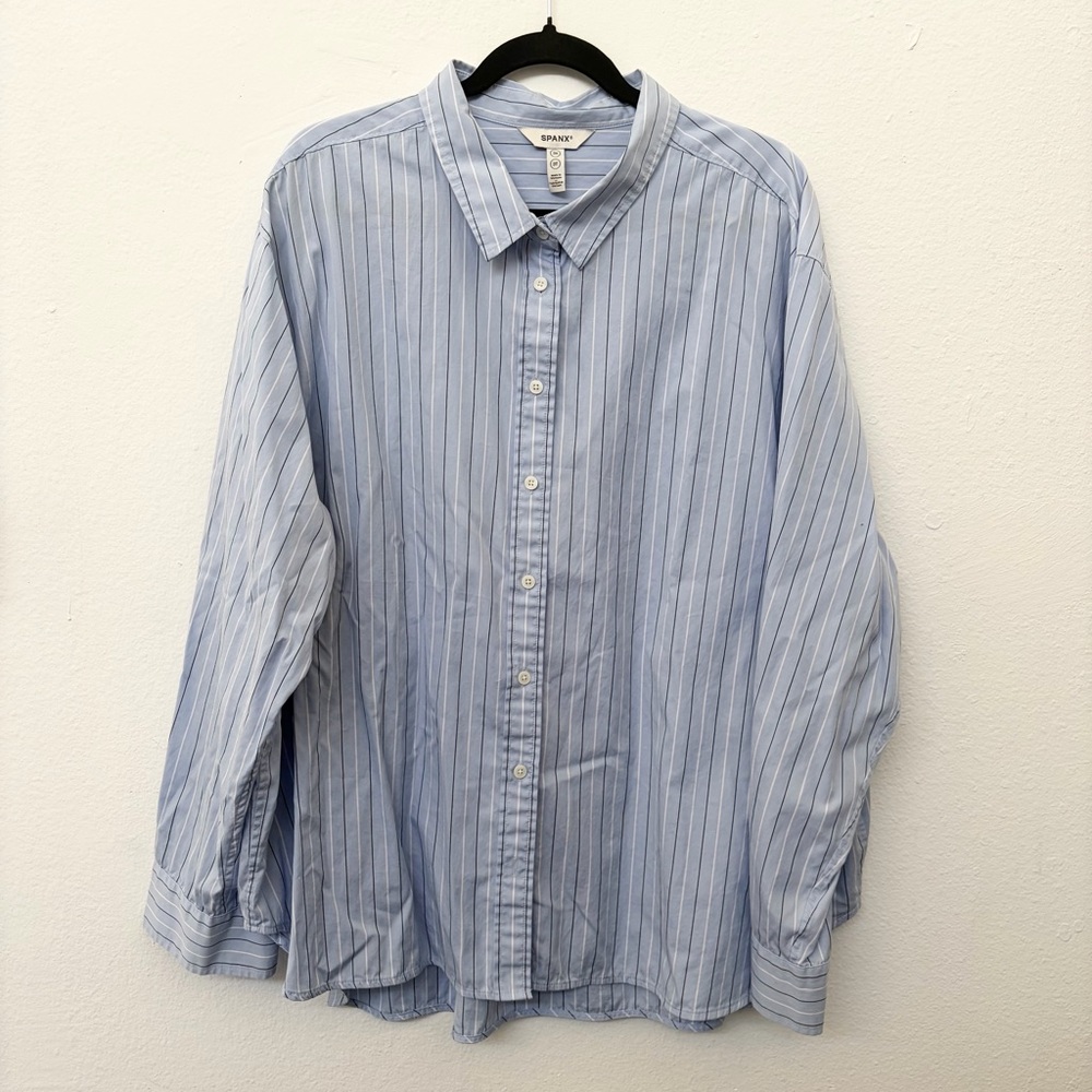 SPANX Baby Blue White Stripe Long Sleeve Button Down Shirt Women's Size 3XT